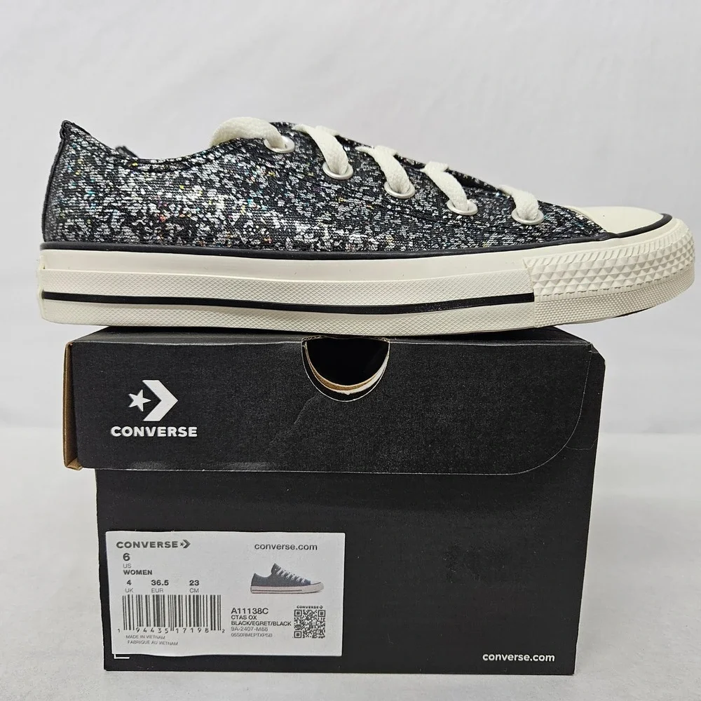 Converse Chuck Taylor All Star Oxfords A11138C Glitter Black Egret Women Size 6 - Picture 2 of 9